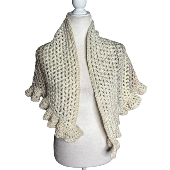 Handmade Beige Tan Cream Crochet Knit Shawl Wrap With Ruffled Edges Soft NEW - Picture 2 of 4